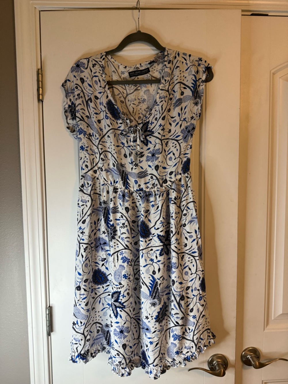 Pepe Jeans Blue & White Floral Tie-Neck Mini Dress